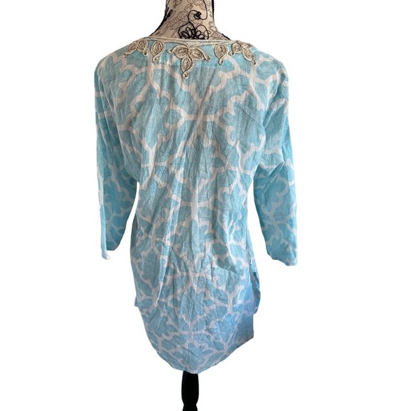 ROBERTA ROLLER RABBIT Blue Gold Scroll Detail Tunic Blouse Size Small - Picture 2 of 6